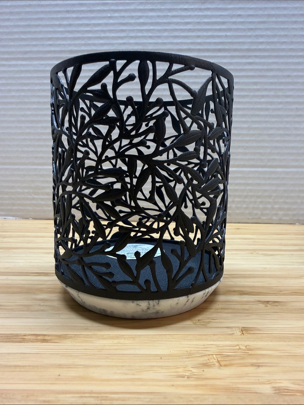 Decorative Black Metal Cutout Candle Holder with White Marble - Home Accents
